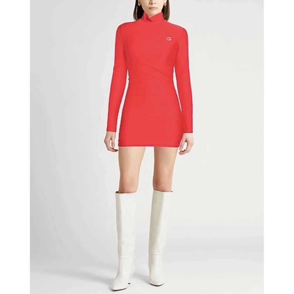 Coperni Women's Small Red High Neck Satin-Jersey Bodycon Mini Dress Long Sleeve
